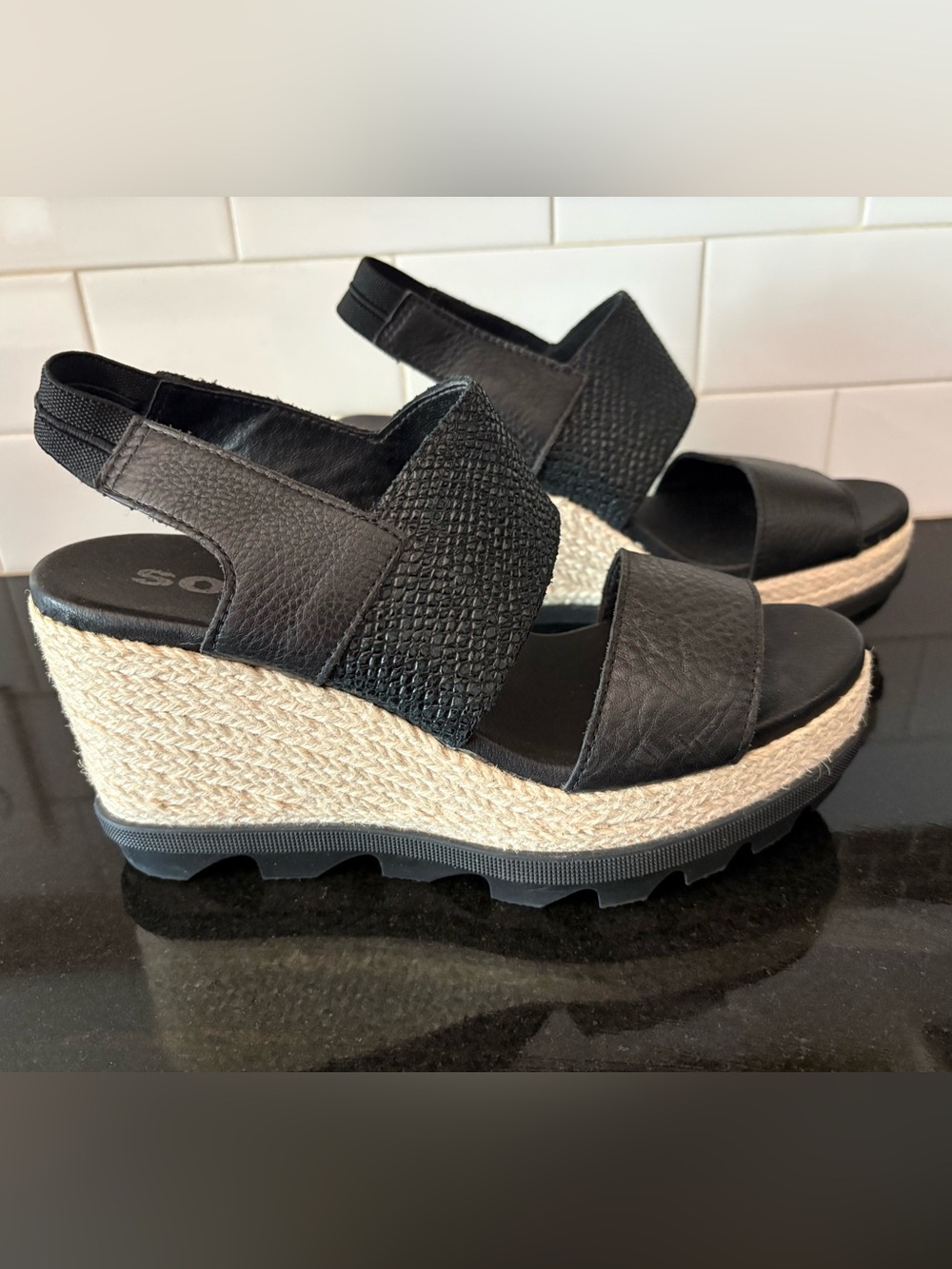 Sorel “Joanie” Black Leather Espadrille Wedge Sandals